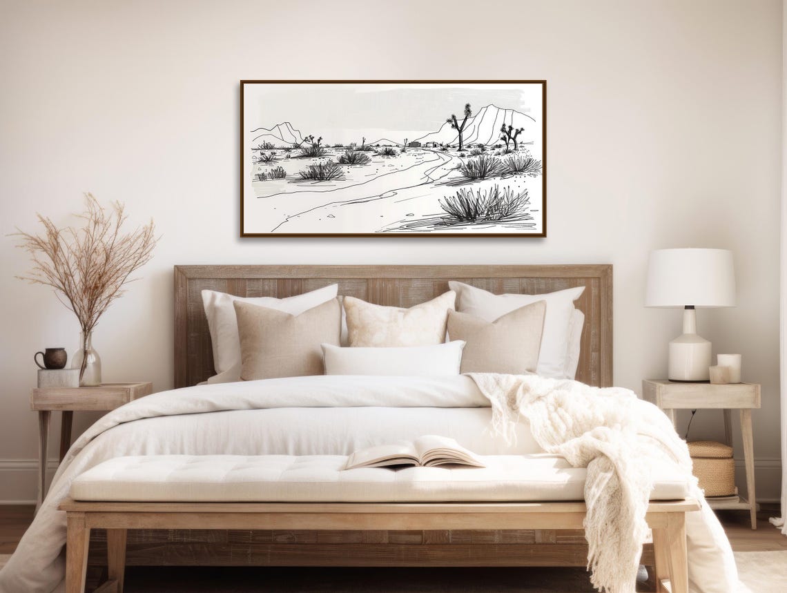 Black White Desert Sketch Joshua Tree Mountain Ink Drawing Wall Poster - Image 2