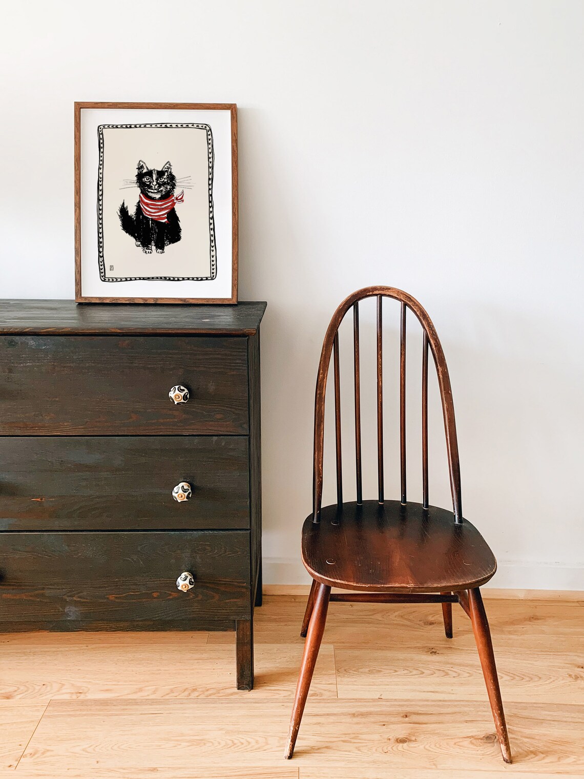 Cat In Scarf Black Cat With Red Striped Scarf Sketch Art Poster - Image 3
