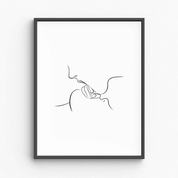 Kissing Line Art Print Adults Adult Nudity Drawing Nude Minimalist Wall Bedroom