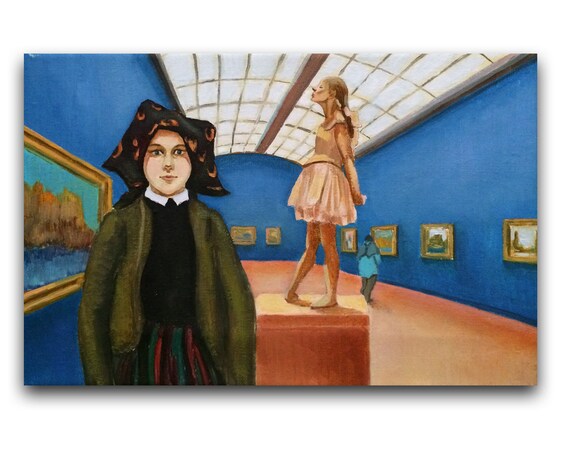 Girl in a Museum Oil Painting with Blue Gallery Walls Poster
