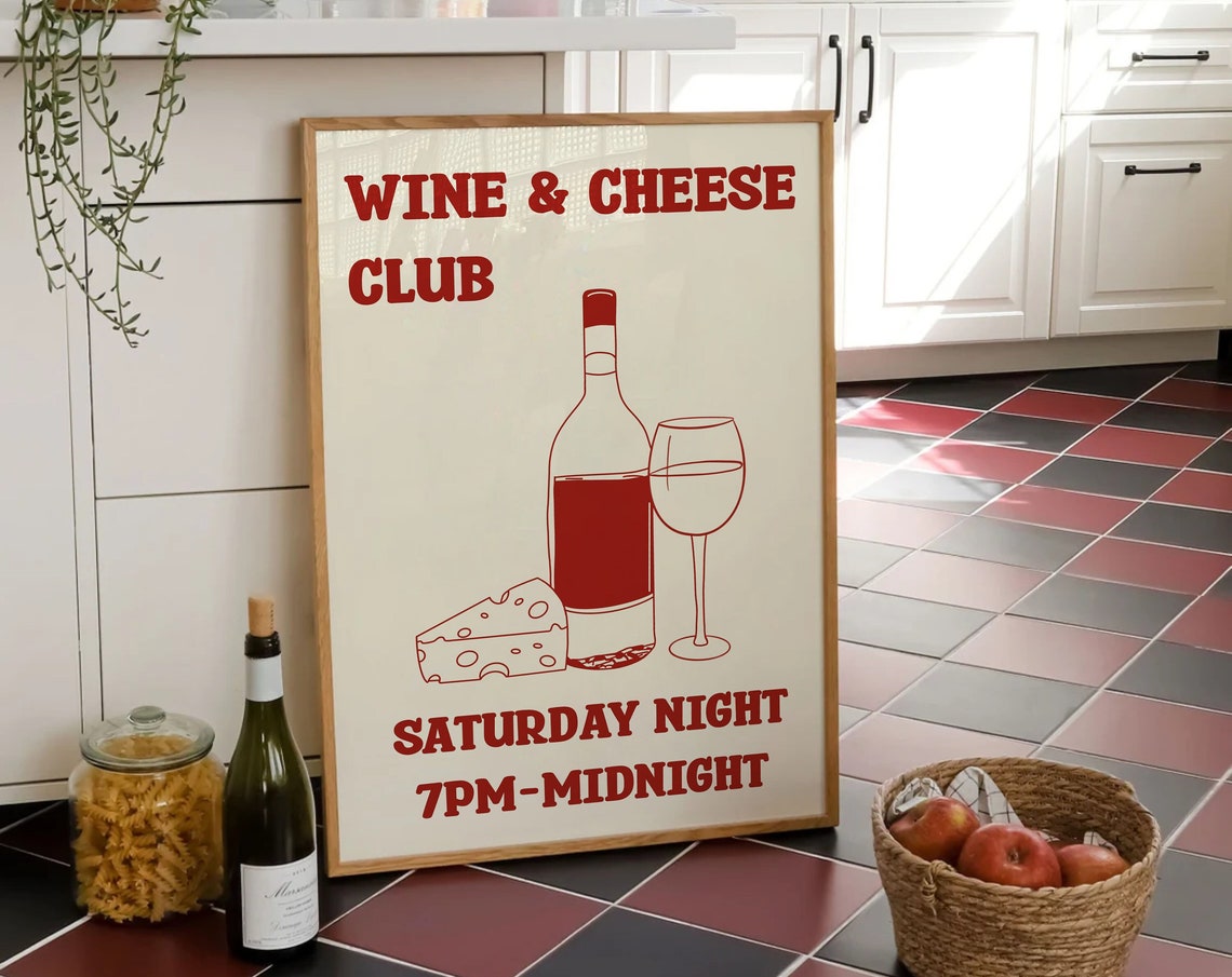 Wine and Cheese Club Saturday Night Red Illustration Kitchen Wall Art
