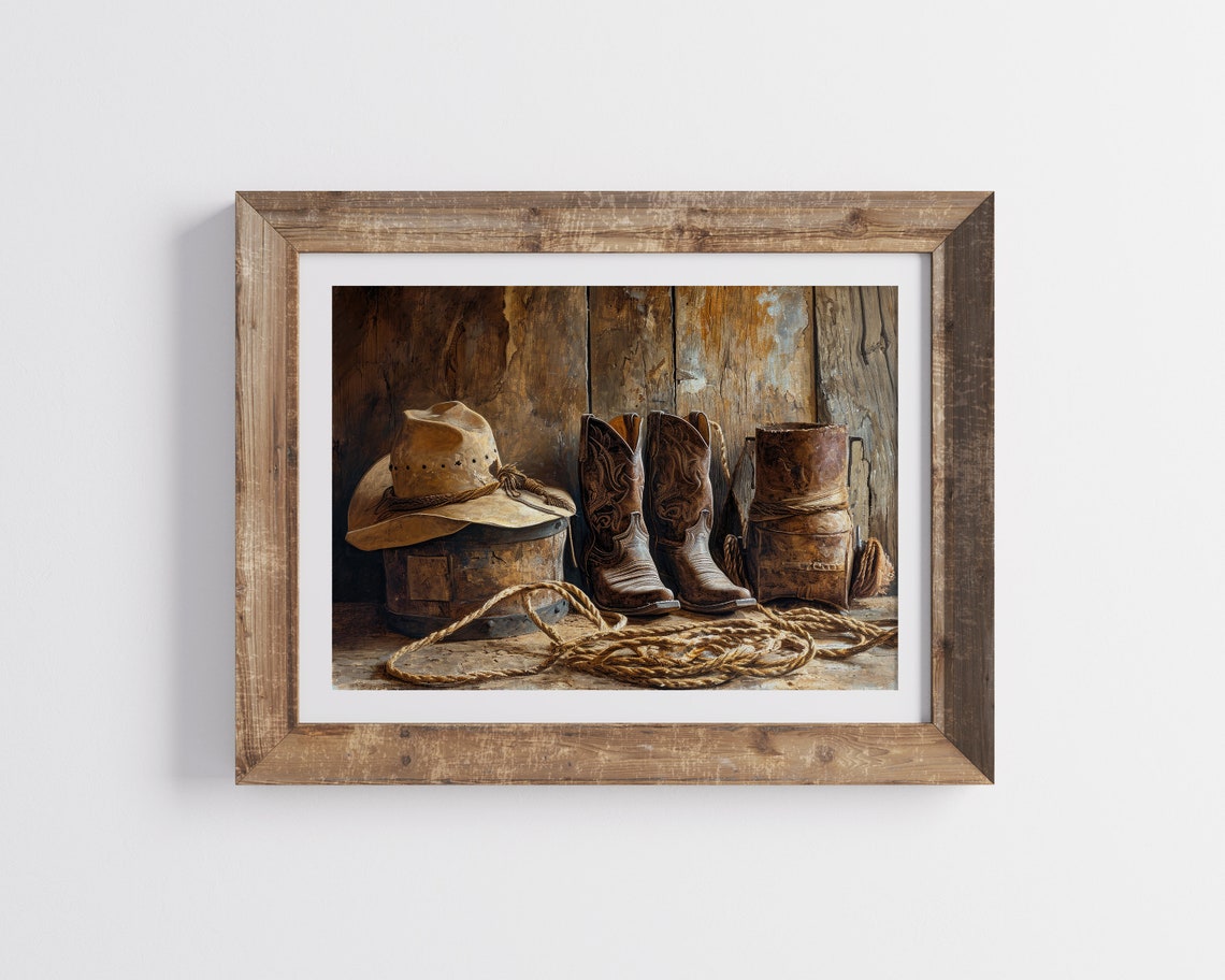 Western Rustic Still Life Arrangement Painting Brown Wall Print Decor Southwestern Earth Toned Oil Painting Print Cowboy Cowgirl Life Art - Image 2