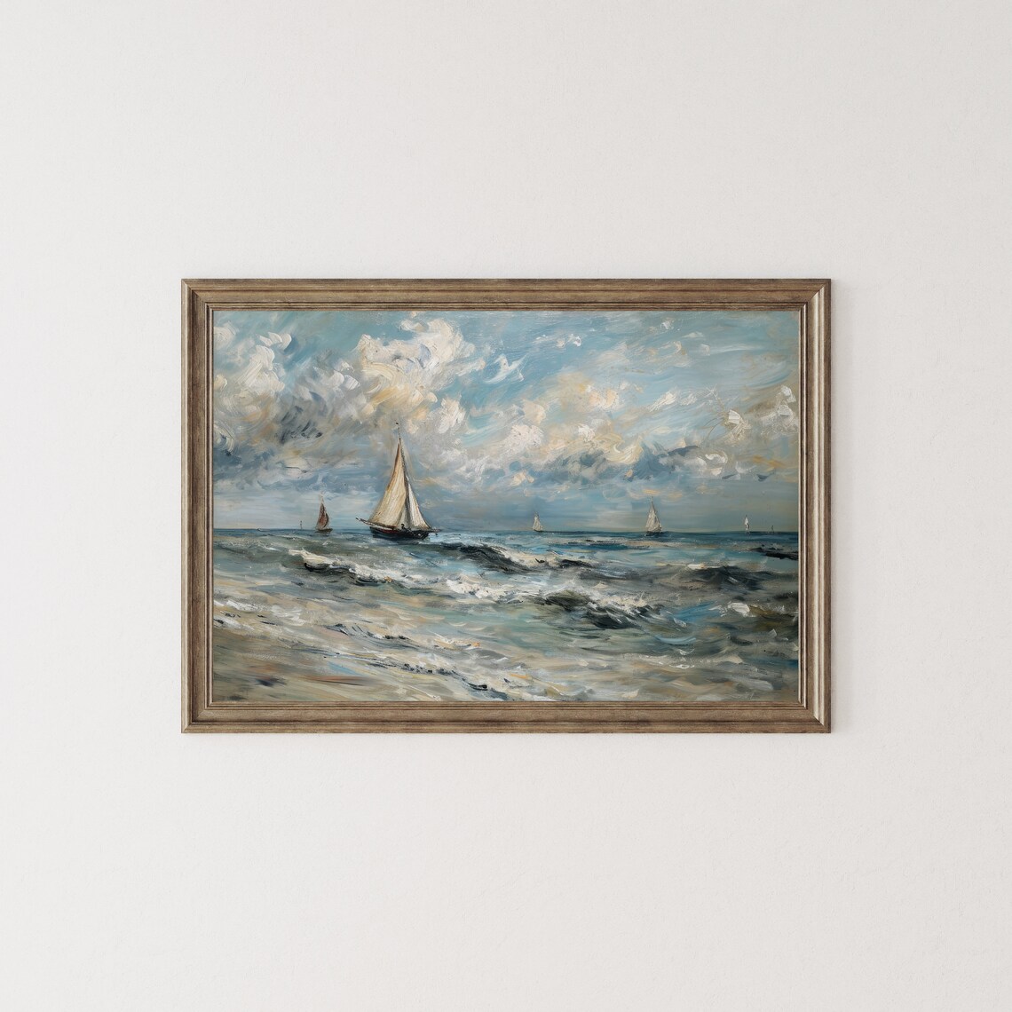 Sailboats On Open Sea Under Cloudy Sky Vintage Coastal Seascape Travel Poster - Image 4