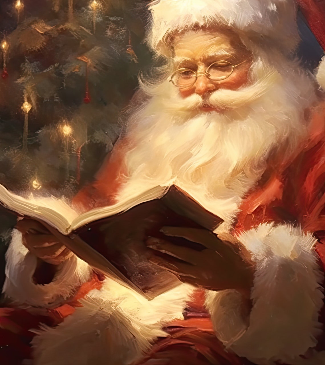 Vintage Painting Of Santa Claus Reading A Book Under Christmas Tree Cozy Christmas Wall Art Winter Holiday Print Holiday Season - Image 3