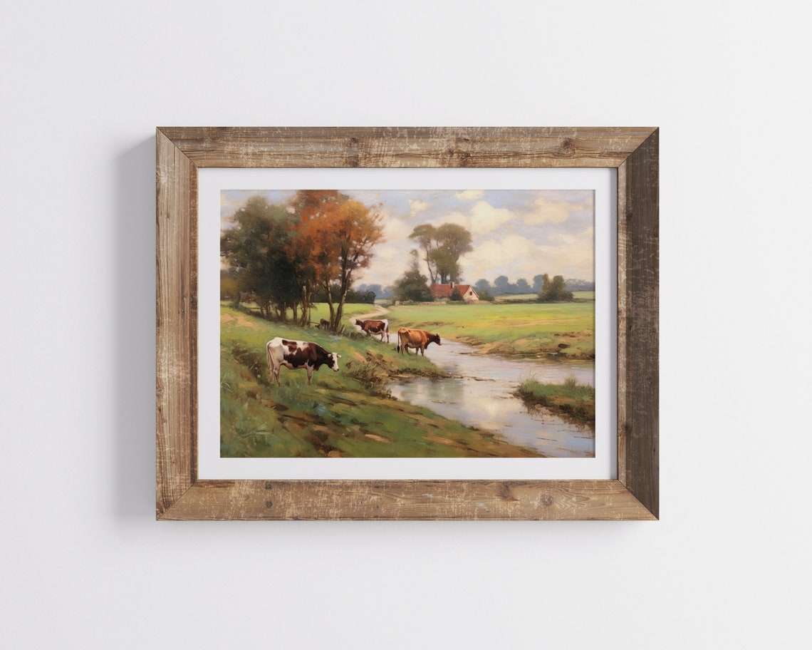 Cows Grazing by River Meadow Farmhouse Autumn Trees Vintage Poster - Image 2