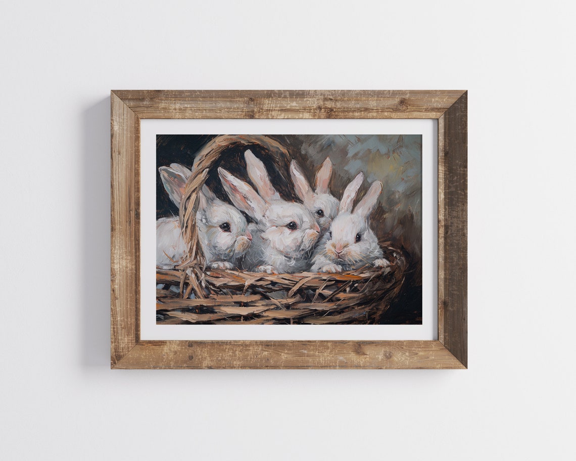 Easter Rabbits Painting Cute White Rabbits Painting Neutral Wall Prints Neutral Farm House Easter Spring Wall Prints - Image 3