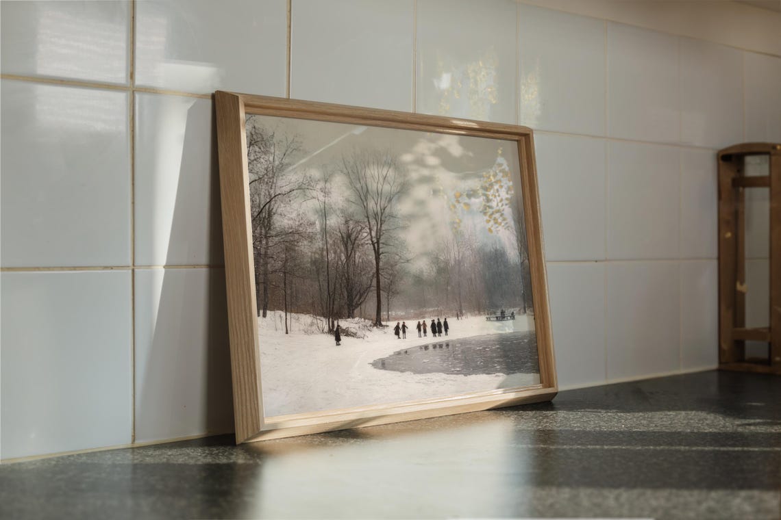 Frozen Pond Skaters In Snowy Park Bare Winter Trees Vintage Art Poster - Image 2