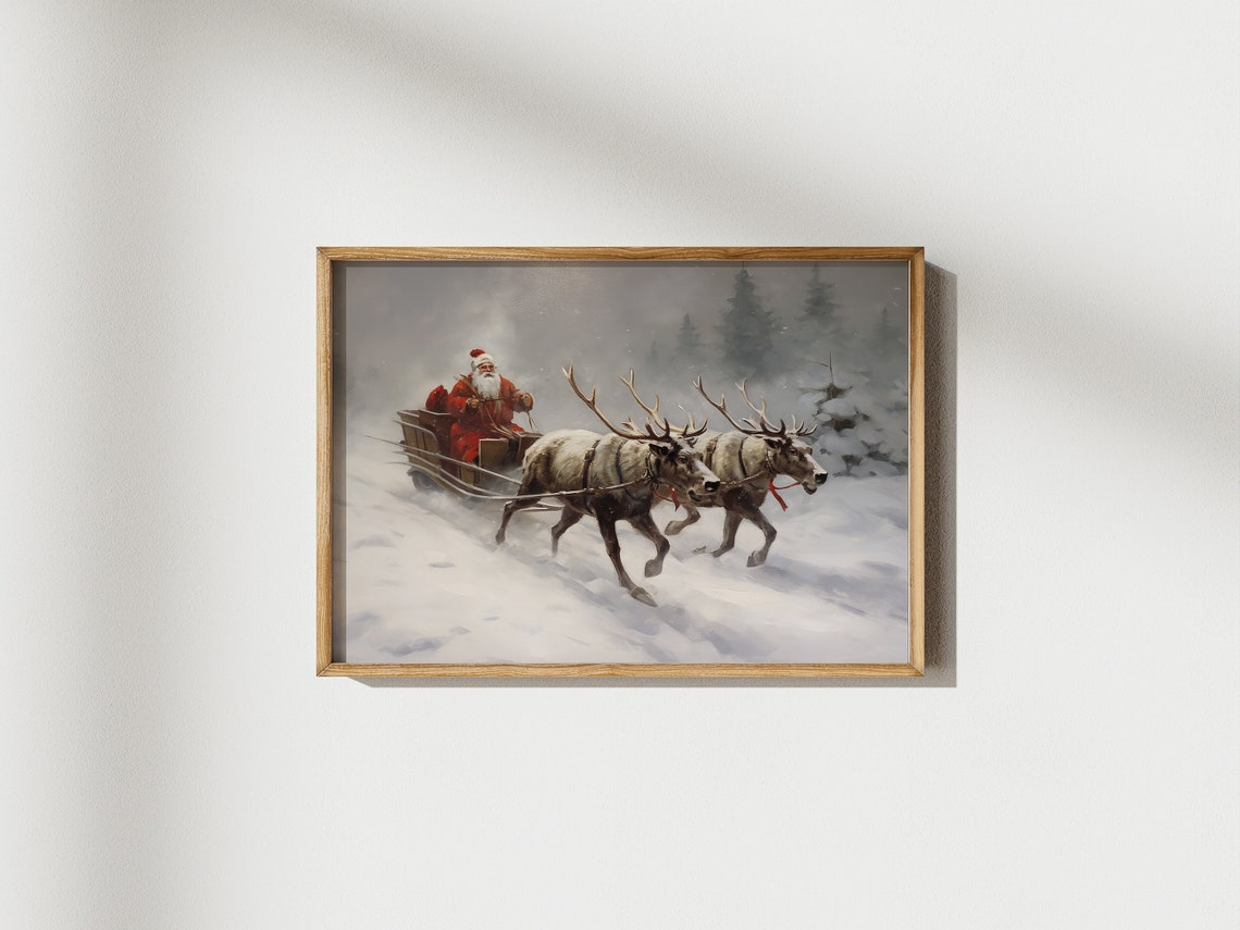 Santa Claus Sleigh Reindeer Snowy Forest Vintage Christmas Poster - Image 3