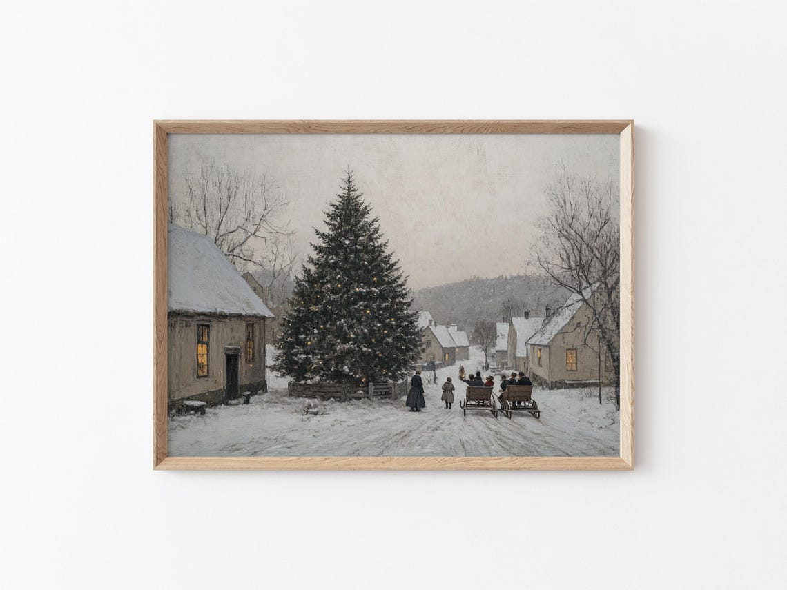 Rustic Christmas Village Tree Sleigh Ride Snow Evening Holiday Poster