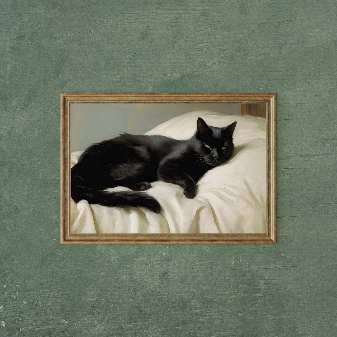 Black Cat Resting On White Bedding Vintage Oil Painting Feline Decor Poster - Image 3