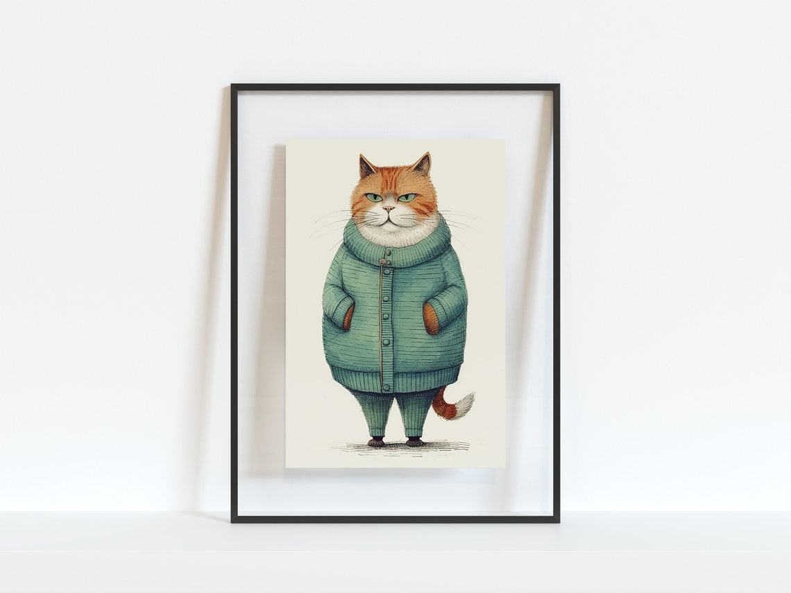 Ginger Cat Wearing Green Cardigan Funny Quirky Cat Lover Poster - Image 3