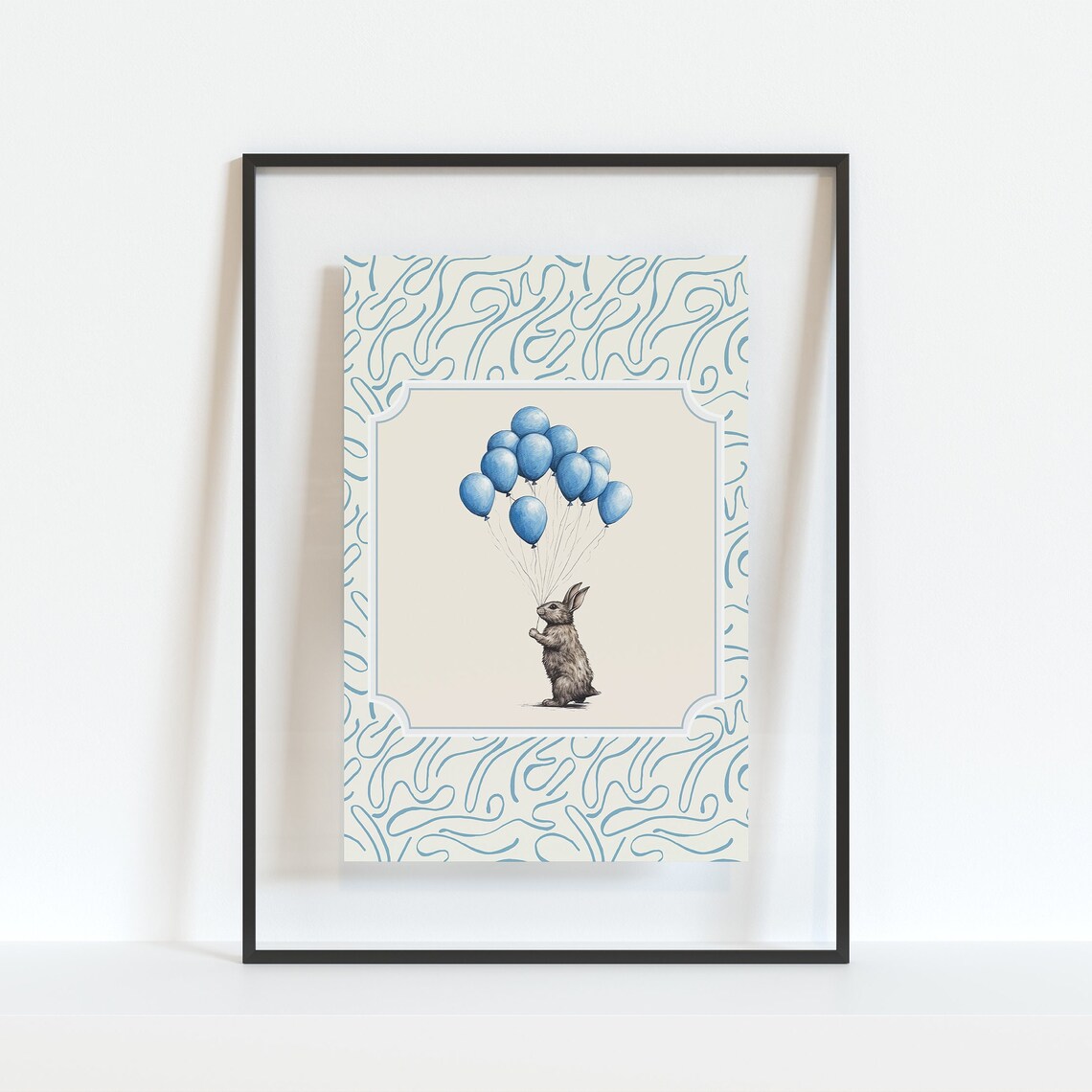 Bunny Holding Blue Balloons Sketch Blue Pattern Border Baby Room Art Poster - Image 4