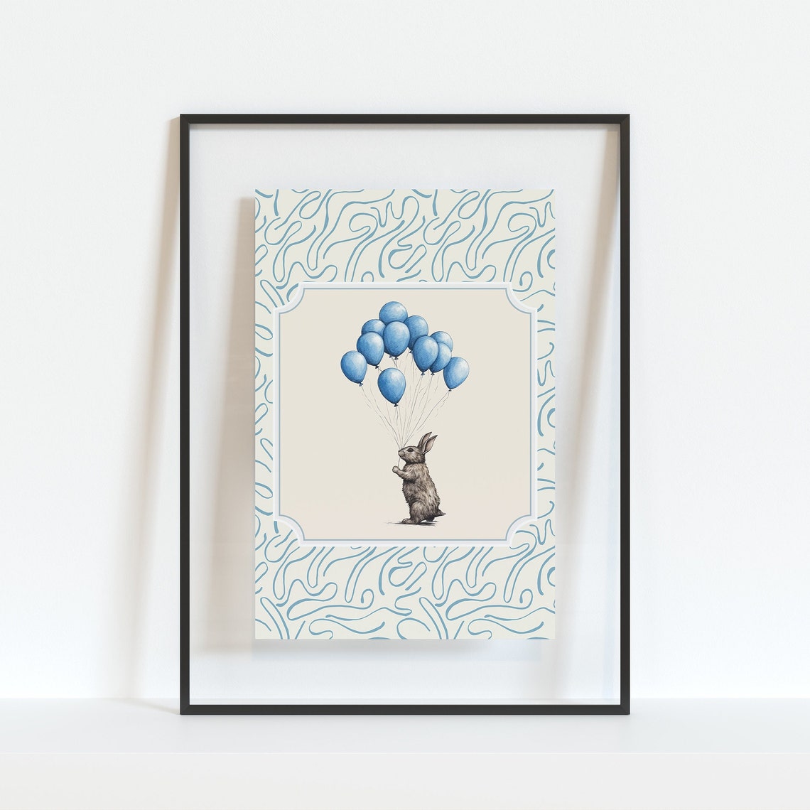 Rabbit And Balloons Wall Decor Cute Bunny Room Art Whimsical Baby Boy Room Wall Art Minimal Rabbit Pencil Illustration Drawing - Image 4