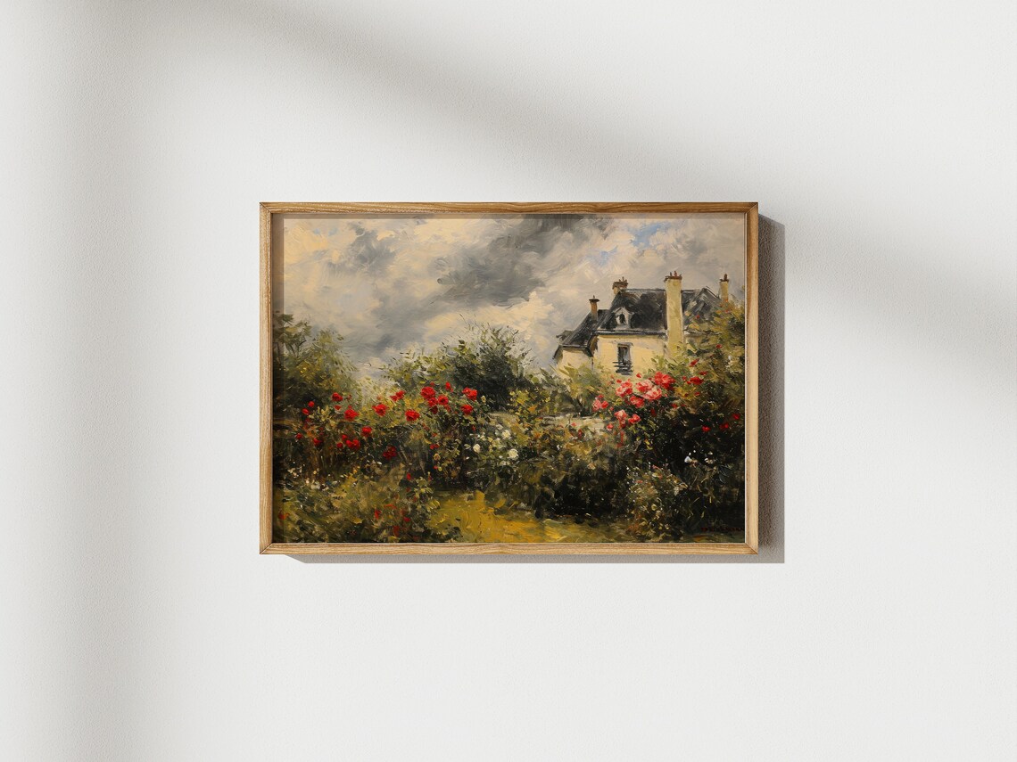 French Country House Rose Garden Blooming Reds Impressionist Travel Poster - Image 2