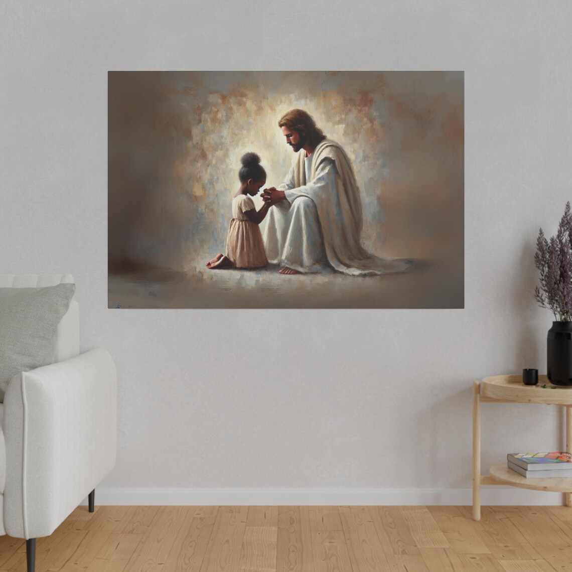 Jesus Praying With A Little Girl Warm Golden Light Art Poster - Image 3