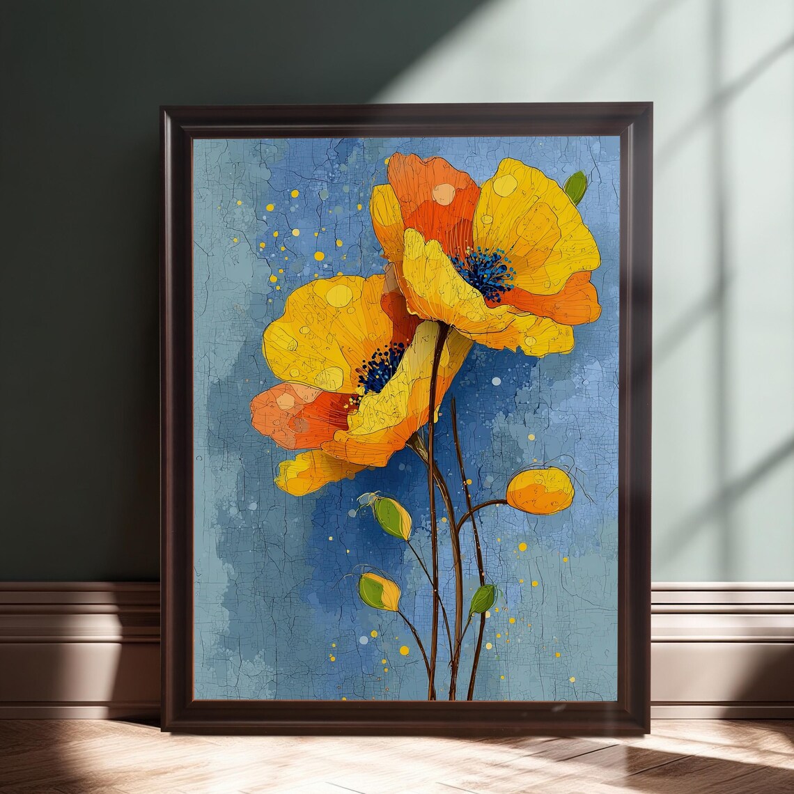 Yellow Poppies on Textured Blue Modern Floral Illustration Poster