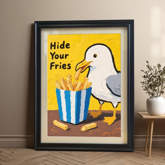 Funny Seagull Hide Your Fries Wall Art Print Wood Framed Poster