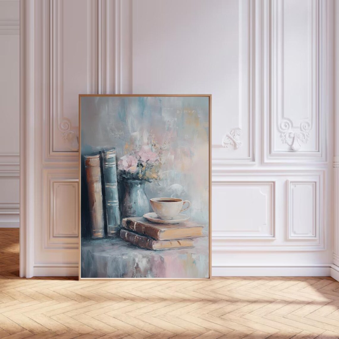 Vintage Old Books With Teacup and Flowers Still Life Painting Poster - Image 3