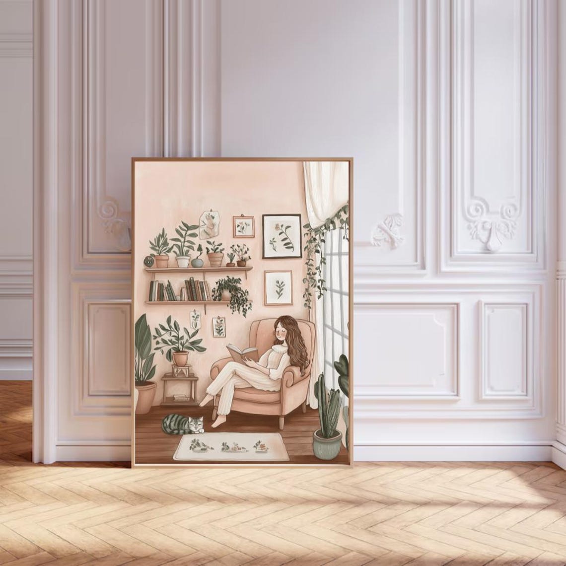 Cozy Woman Reading in Armchair Among Plants Book Nook Art Poster - Image 3