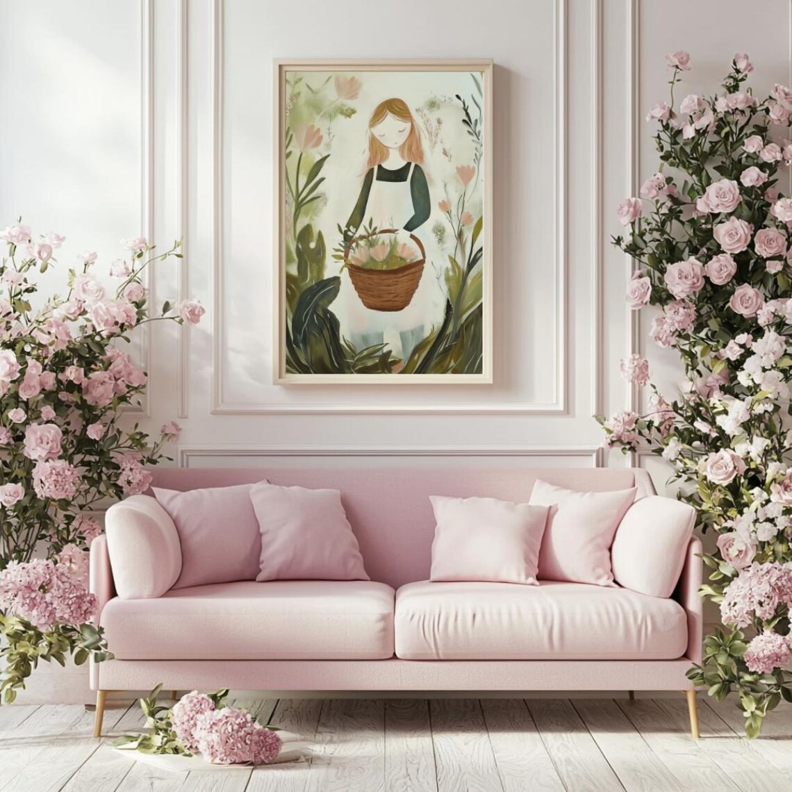 Girl With Flower Basket Among Tall Wildflowers Garden Art Poster - Image 5