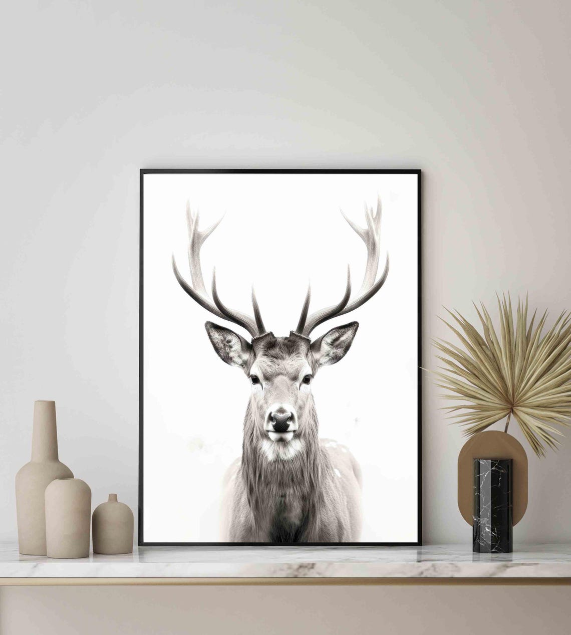 Stag Black and White Antlered Deer Front Portrait Minimalist Poster - Image 2