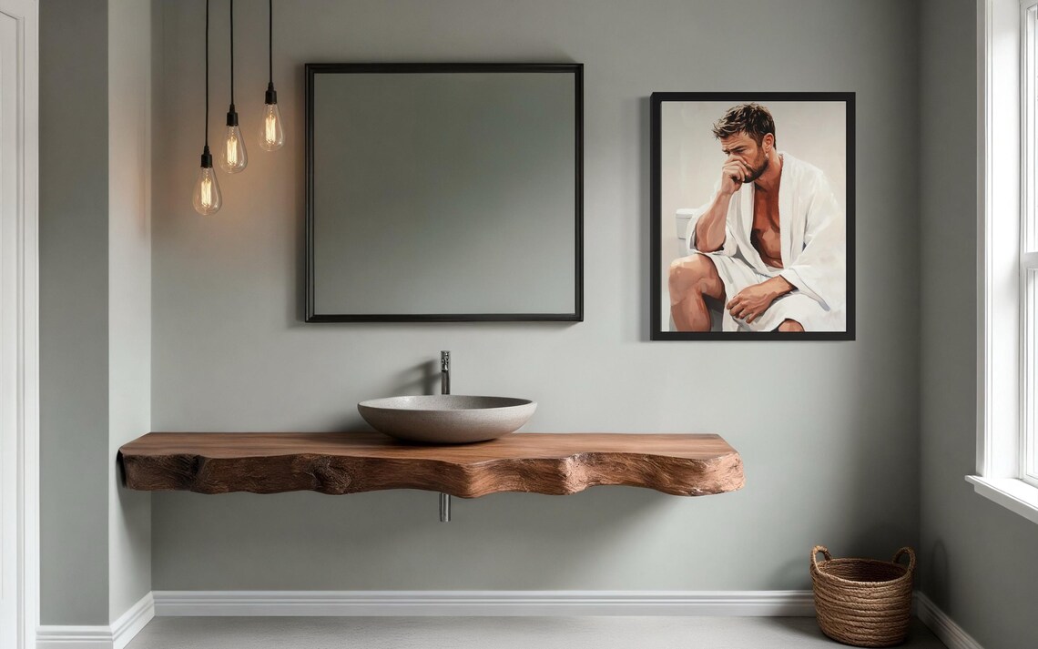 Man in White Robe Holding Nose on Toilet in Funny Pose Poster - Image 2