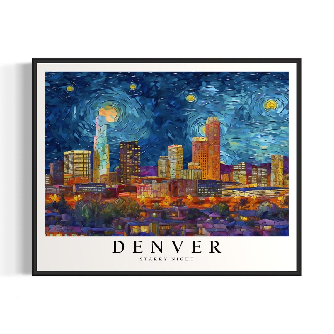 Denver Colorado Starry Night Downtown Skyline Glowing City Art Poster