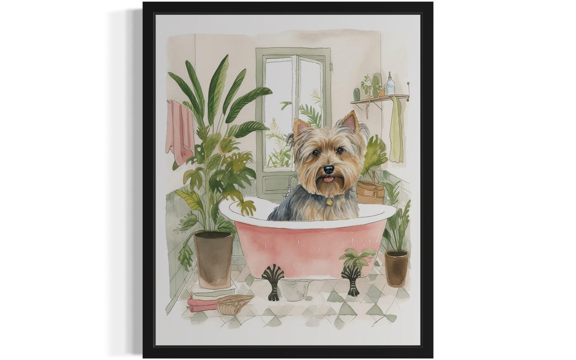 Yorkshire Terrier Bath Time Pink Tub Botanical Bathroom Art Poster