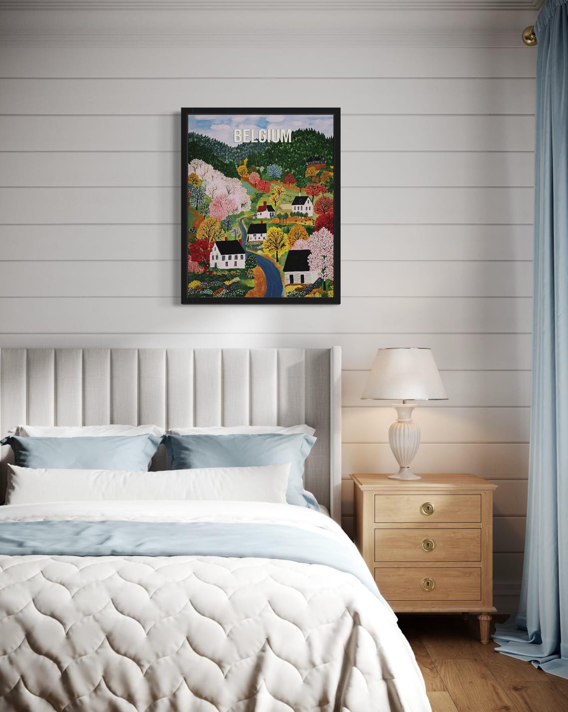 Belgium Pink Blossom Trees White Cottages Spring Folk Art Poster - Image 4