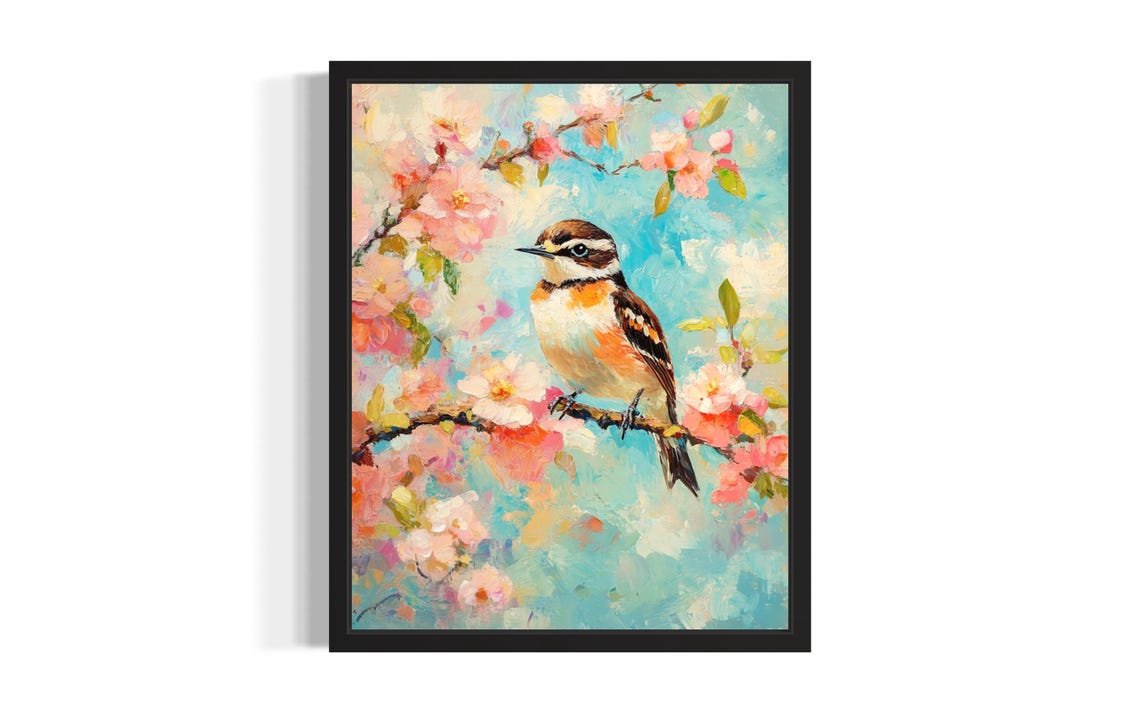 Small Songbird on Pink Blossom Branch Spring Painting Wall Art