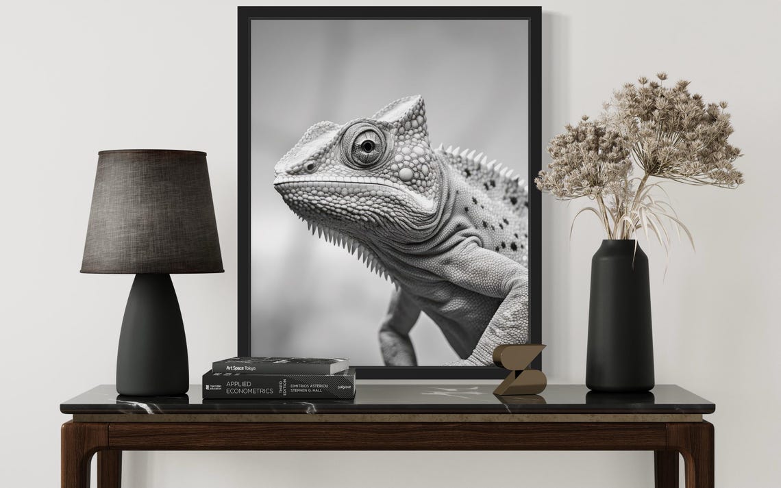 Chameleon Close Up Portrait In Black And White Photo Style Poster - Image 2
