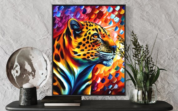 Leopard Big Cat Colorful Abstract Wildlife Oil Portrait Art Poster