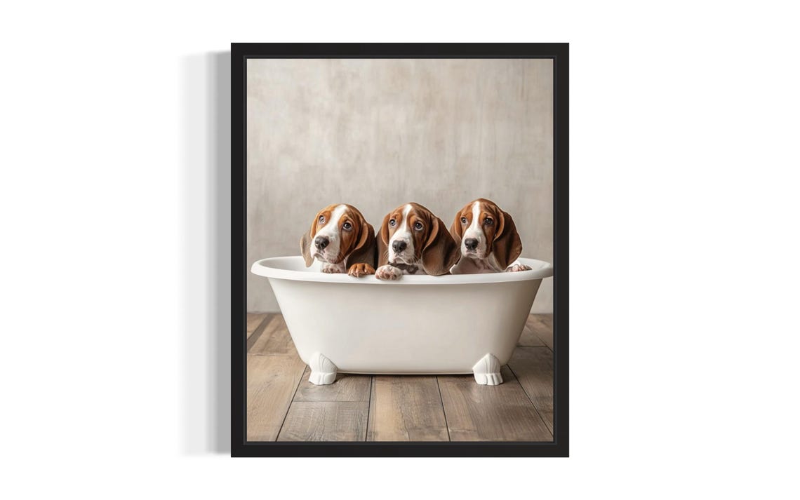 Basset Hound Puppies In A White Bathtub Cute Bathroom Wall Poster