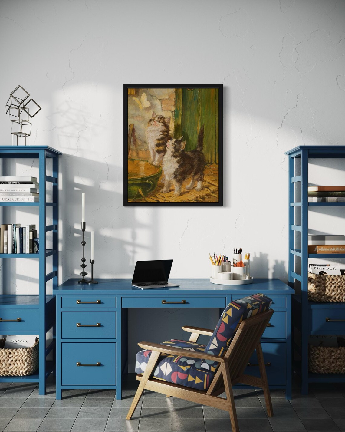 Two Fluffy Kittens Watching White Butterfly By Green Door Vintage Poster - Image 3