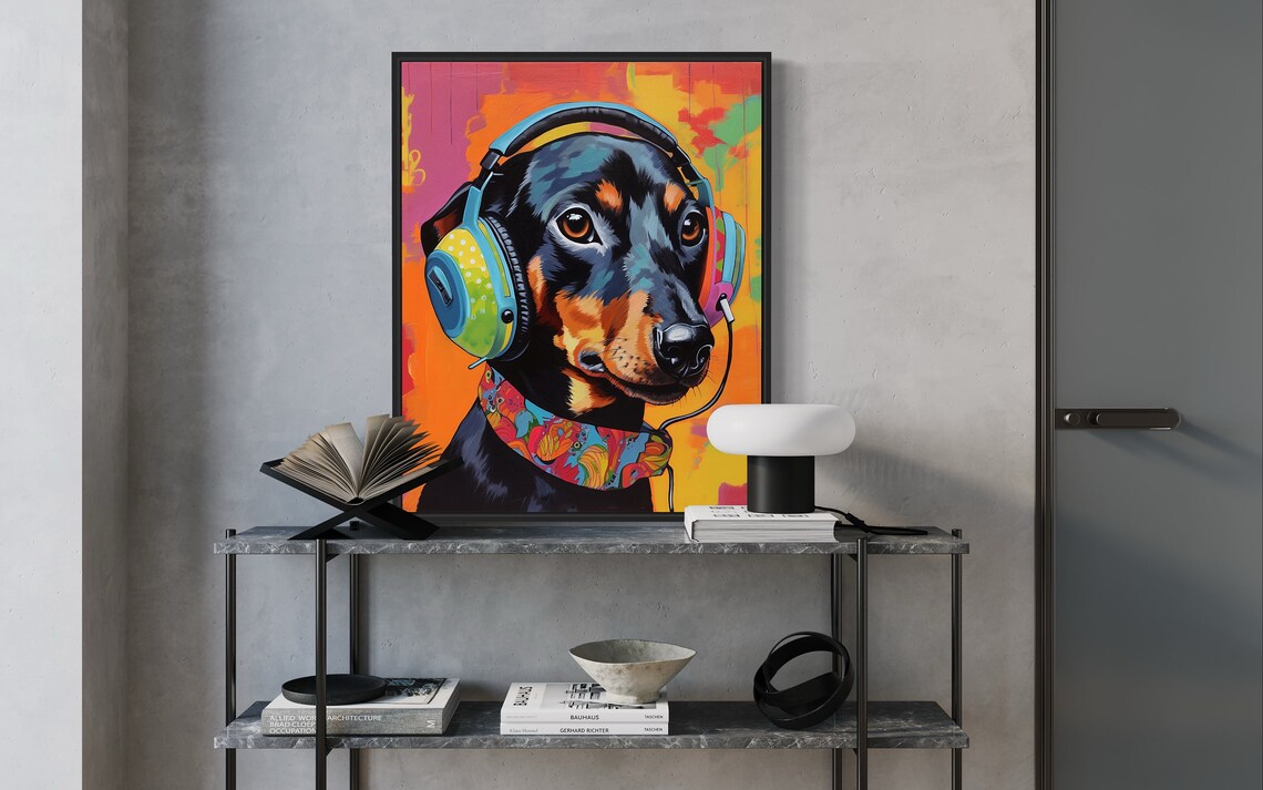 Happy Dachshund Wearing Headphones in Colorful Pop Art Style Poster - Image 2