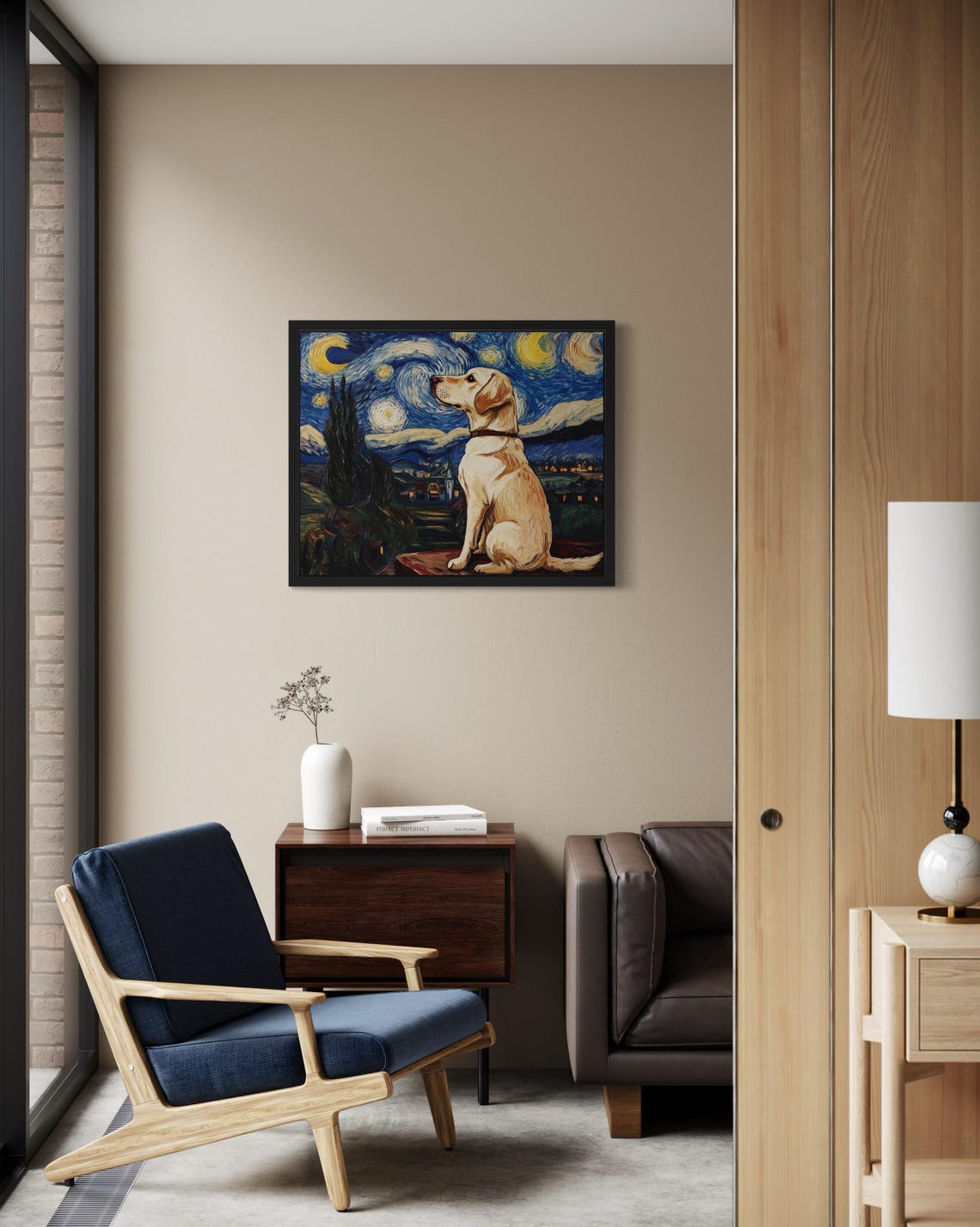 Labrador Retriever Gazing at Van Gogh Swirling Starry Night Poster - Image 4