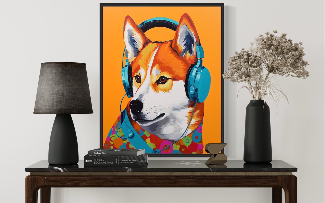 Shiba Inu Dog Wearing Blue Headphones Orange Pop Art Music Poster - Image 3