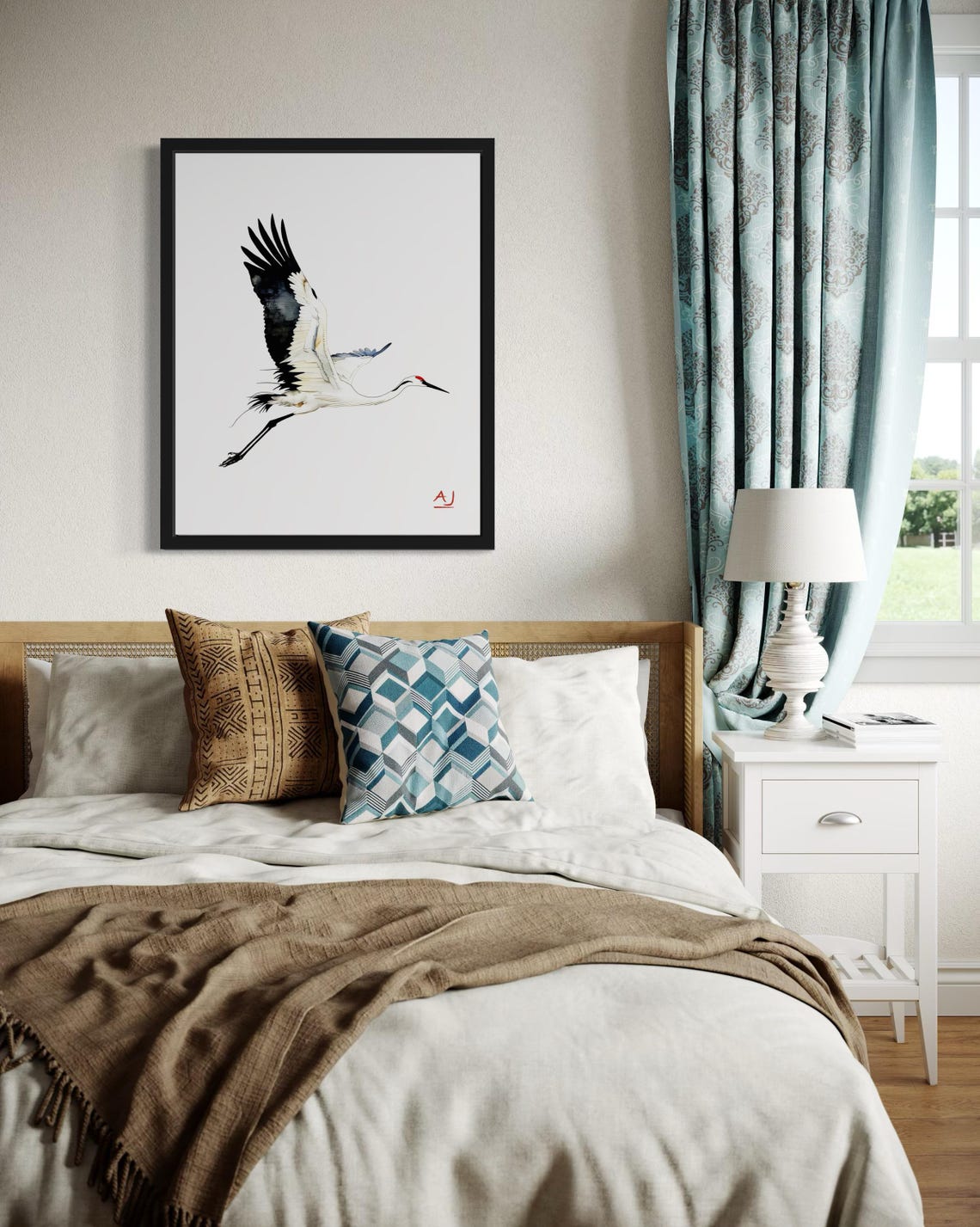 White Crane In Flight Watercolor With Minimal Style Bird Poster - Image 2