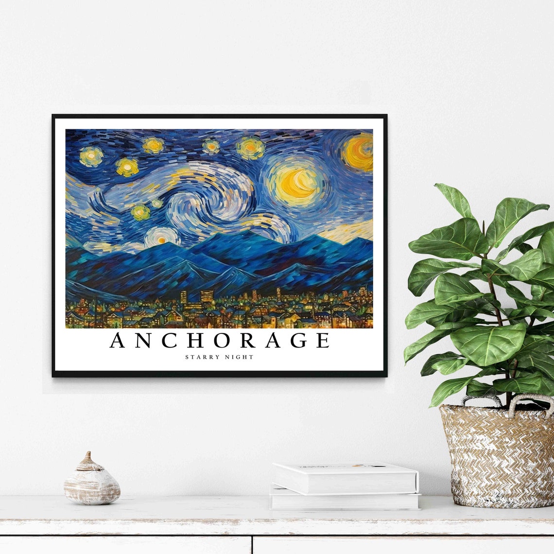 Anchorage Starry Night Mountain Peaks City Lights View Poster - Image 2