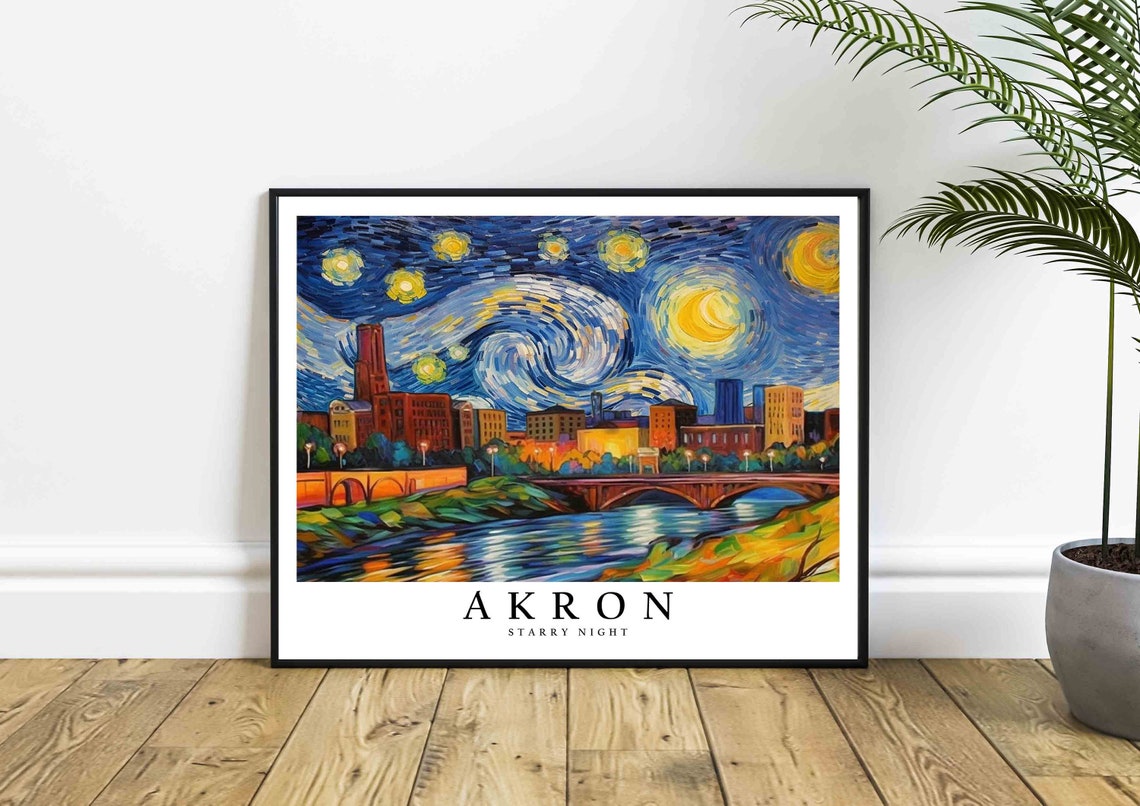 Akron Starry Night River Bridge Skyline Moonlit Painting Art Poster - Image 4
