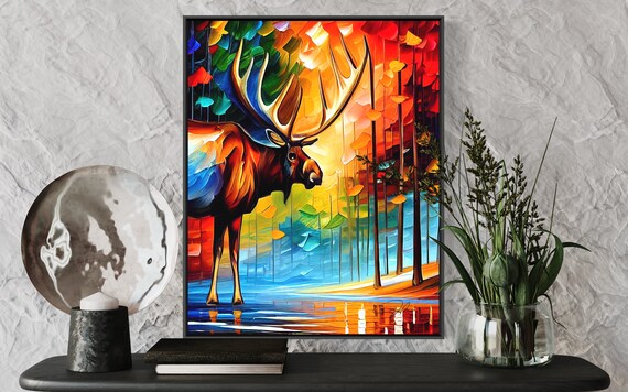 Colorful Moose in Autumn Forest Vivid Modern Wildlife Art Poster