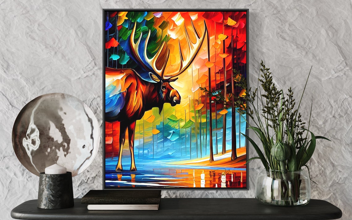 Colorful Moose in Autumn Forest Vivid Modern Wildlife Art Poster