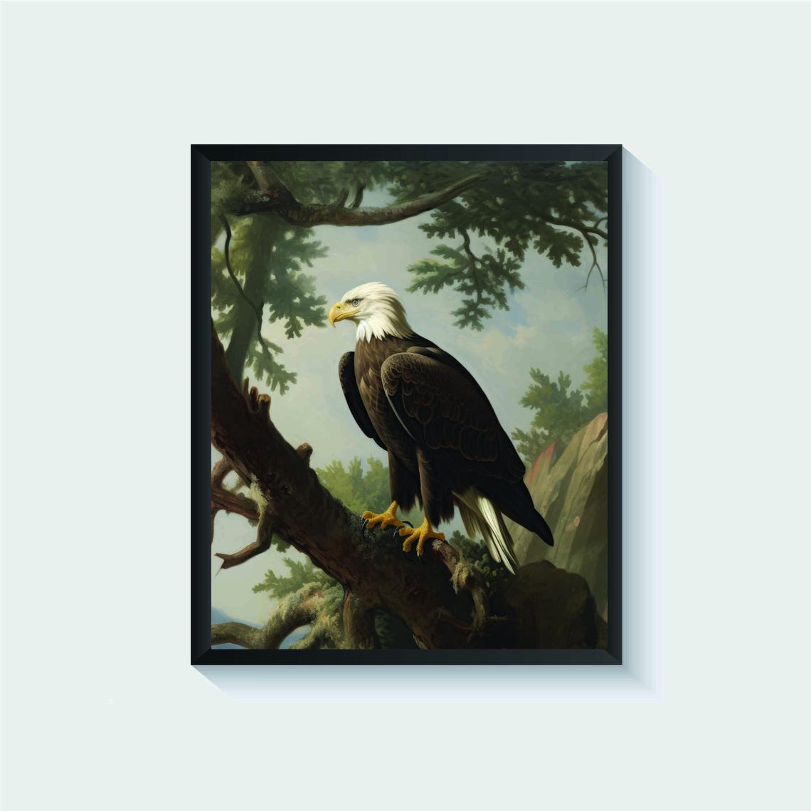 Bald Eagle Perched on a Tall Pine Branch Vintage Bird of Prey Poster