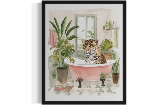 Leopard Relaxing in a Pink Bathtub Whimsical Watercolor Poster