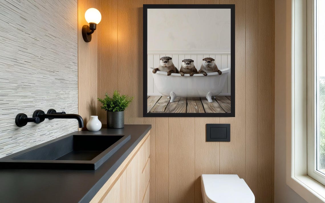 Three Otters Peeking Over a White Clawfoot Bathtub Photo Poster - Image 2