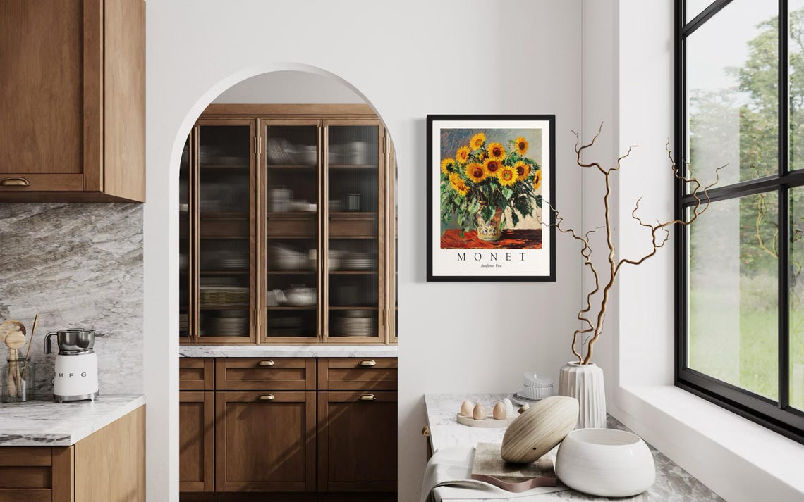 Sunflower Vase Bright Yellow Blooms Rustic Table Monet Art Poster - Image 4