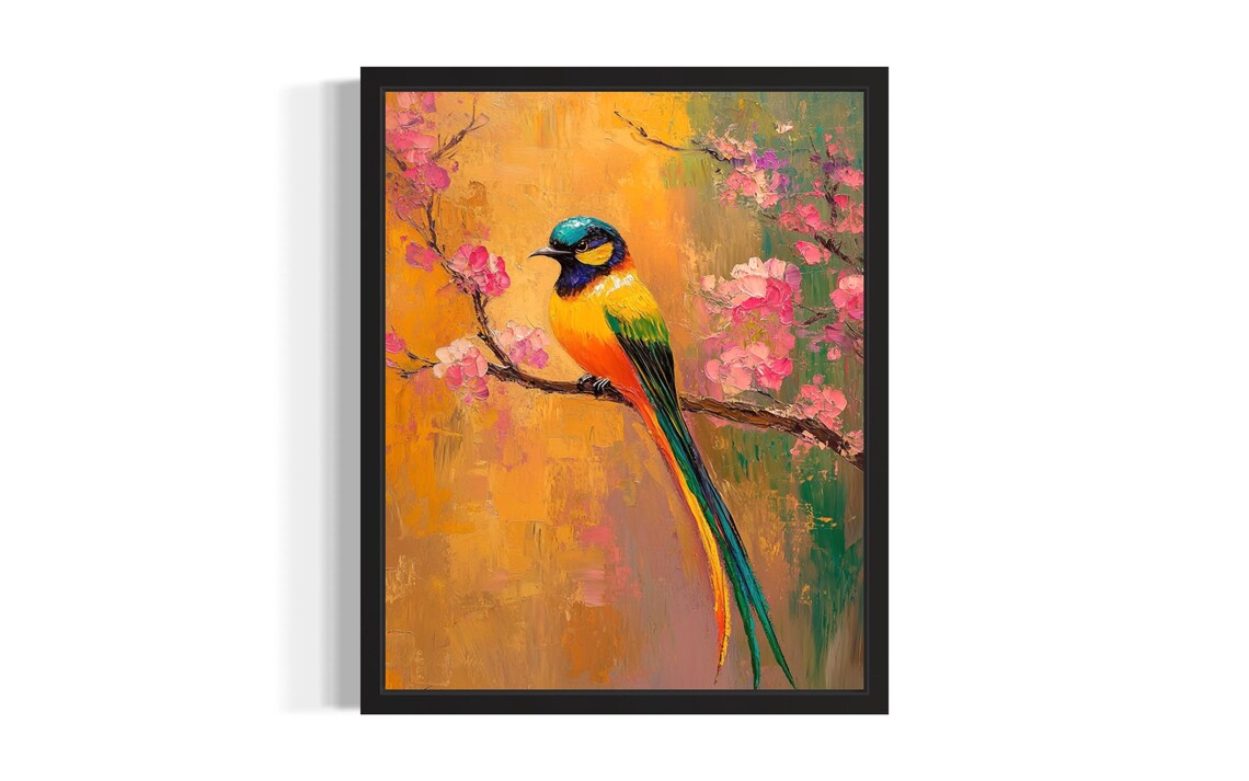 Colorful Songbird on Blossom Branch Golden Floral Painting Poster