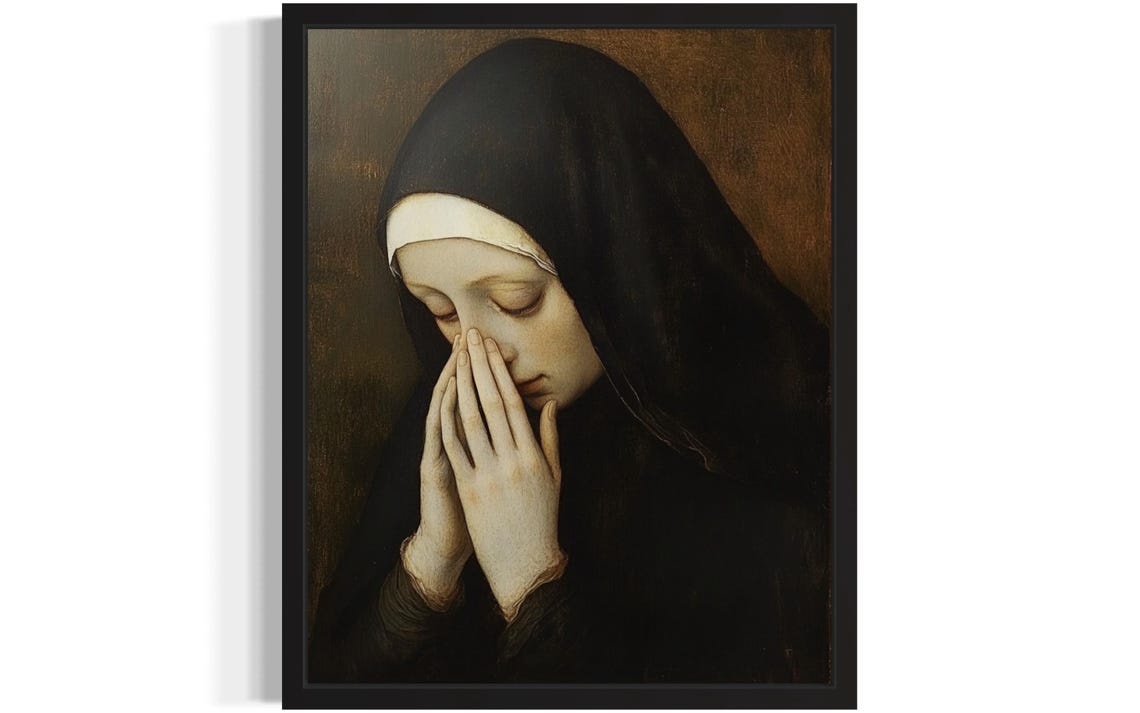 Nun in Black Habit Holding Nose in Funny Prayer-Like Pose Poster