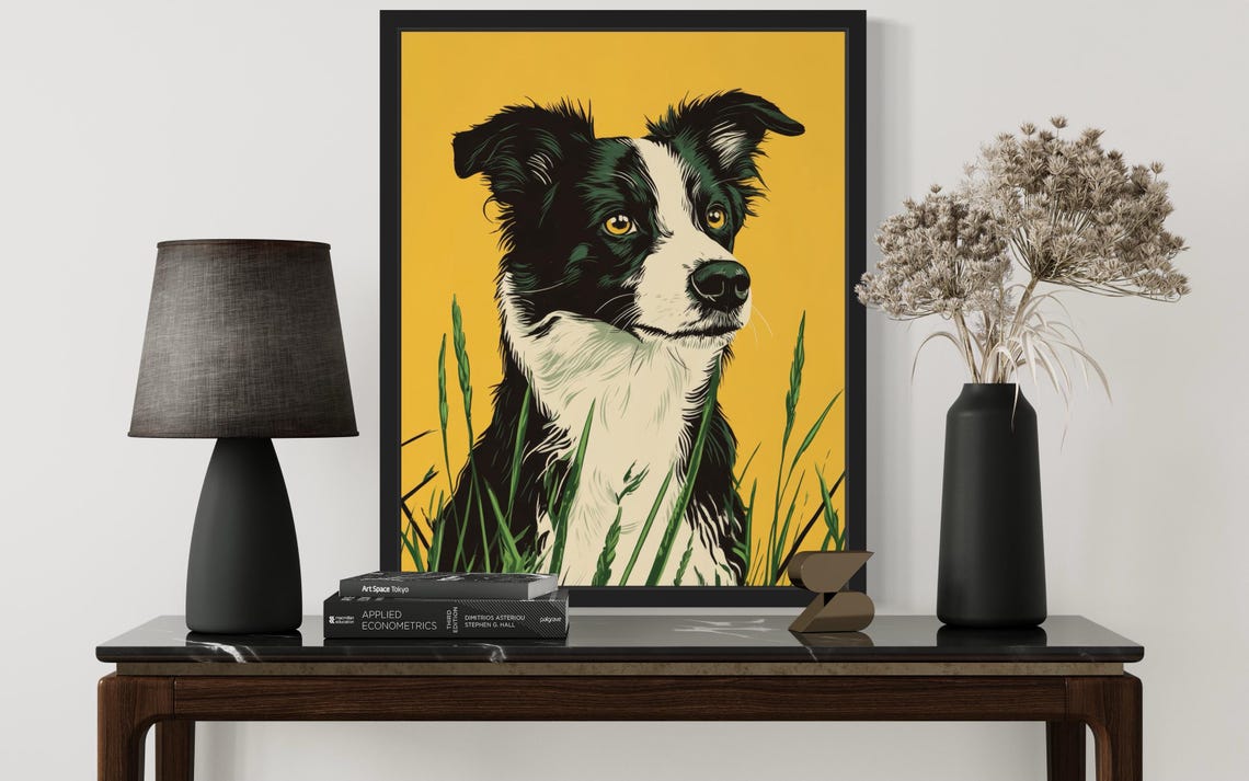 Border Collie Mustard Background Farm Dog Portrait Art Poster - Image 3
