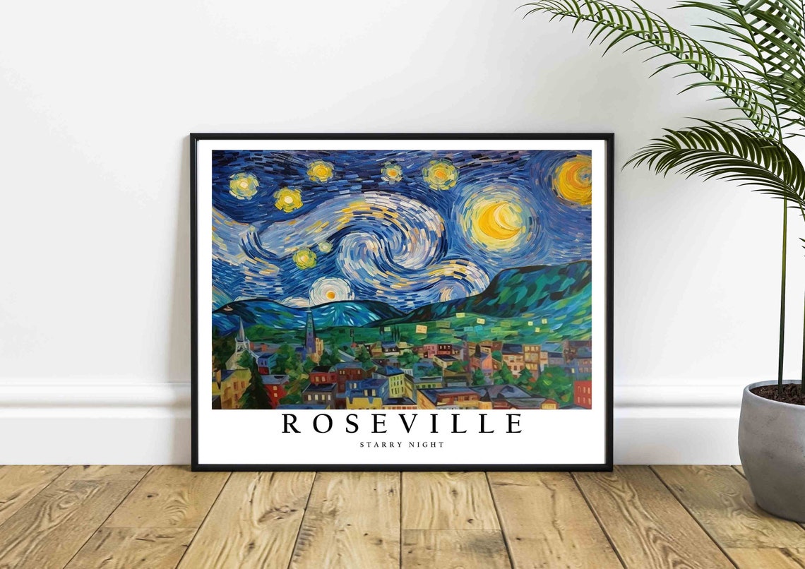 Roseville Starry Night Van Gogh Style Valley Town Art Poster - Image 4